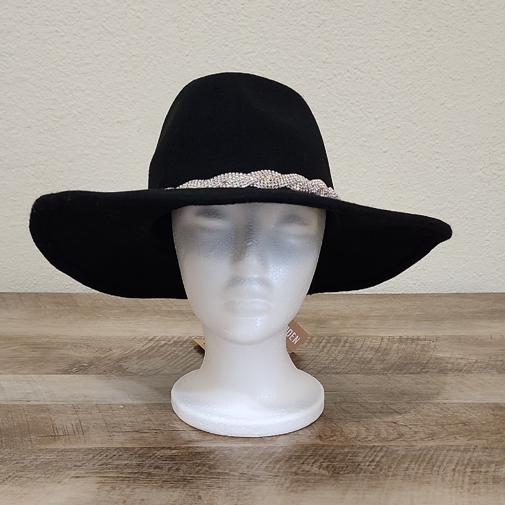 Steve Madden Black Wide-Brim Hat With Rhinestone Belt Accent